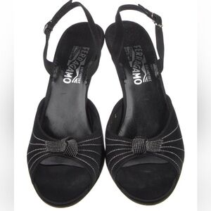Salvatore Ferragamo Black Open-Toe Slingback Heels with Knot Detail